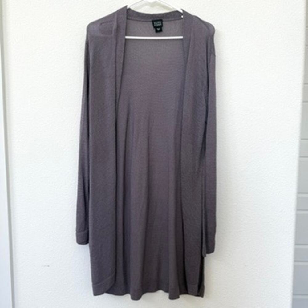 EILEEN FISHER Open Front Cardigan Gray Long Lightweight Knit Duster L Minimalist